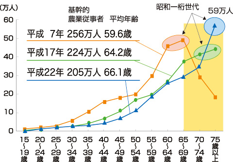 図表１　基幹的農業従事者の年齢構成／（出典）農林水産省「農林業センサス」