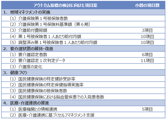 アウトカム指標の検討に向けた項目案の構成